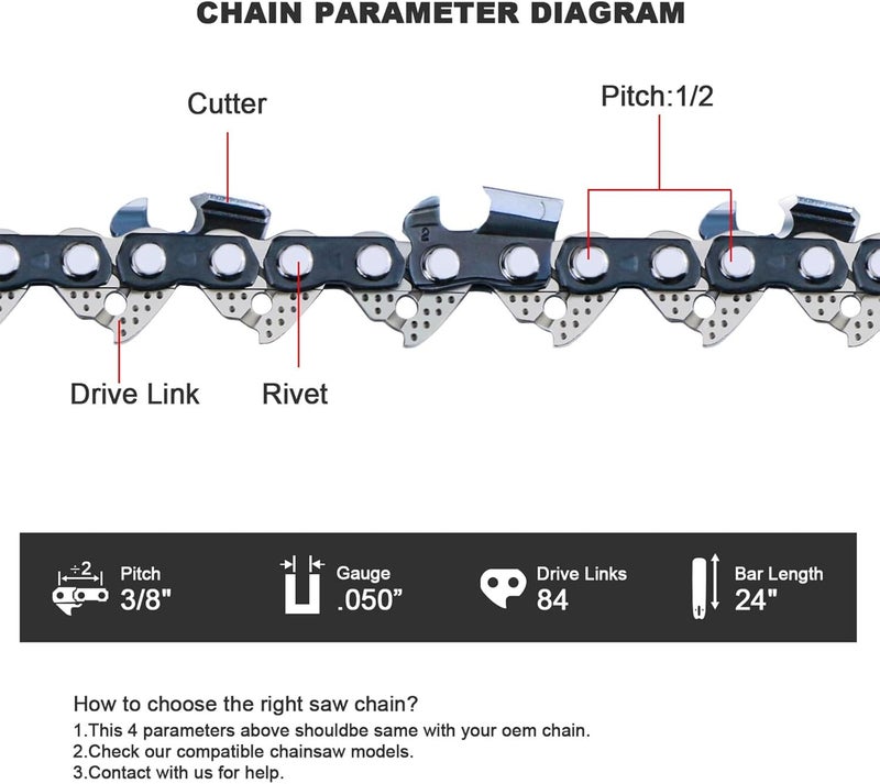 V-MODEST 3 Pack 24 inch Pro Chainsaw Chain 84 Drive Links 3/8" Pitch .050" Gauge Full Chisel Superior Lubrication for Husqvarna 460 Rancher 372XP 268 350 465, Echo CS 590, Stihl 25" MS 361 462 311 309 - Image 3